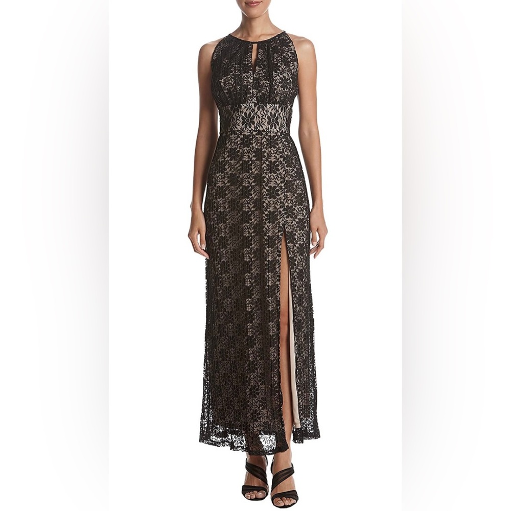 R&M RICHARDS COLLECTION NUDE BLACK LACE LONG FORMAL DRESS 10 PETITE